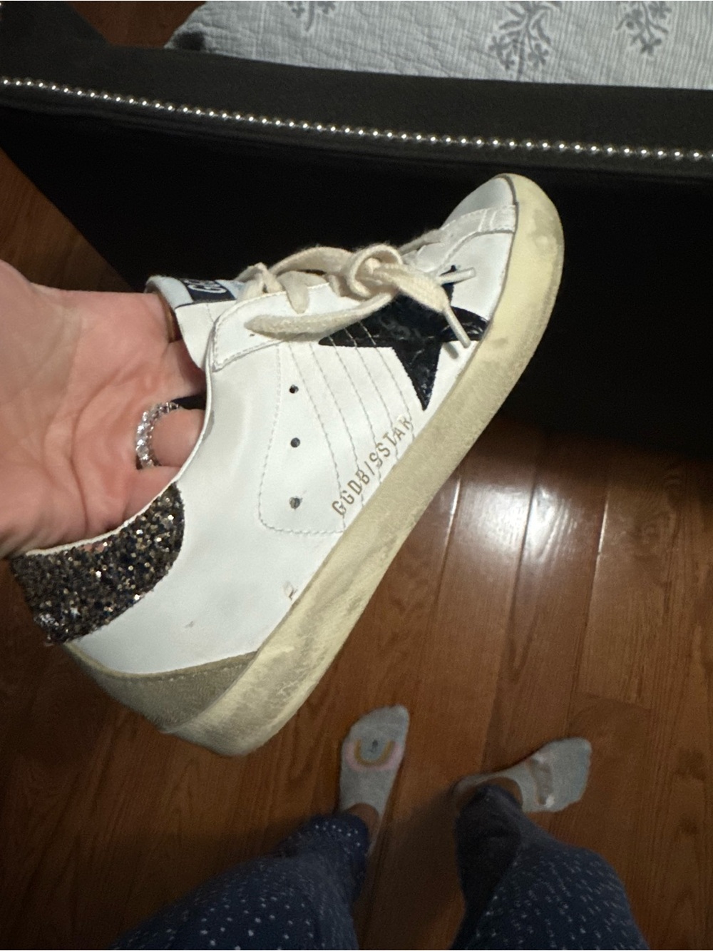 Golden Goose White Leather Low-Top Sneaker with Black Star and Glitter Heel - Picture 2 of 4